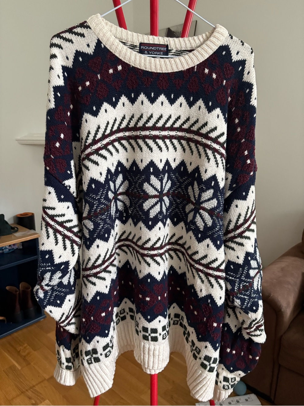 100% cotton Roundtree & Yorke Women's Cream Fair Isle Knit Sweater - Navy & Bur